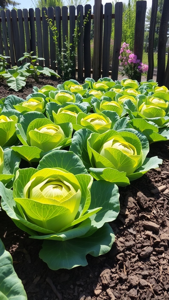 Thriving cabbage heads in a vegetable garden with sunlight and flowers.